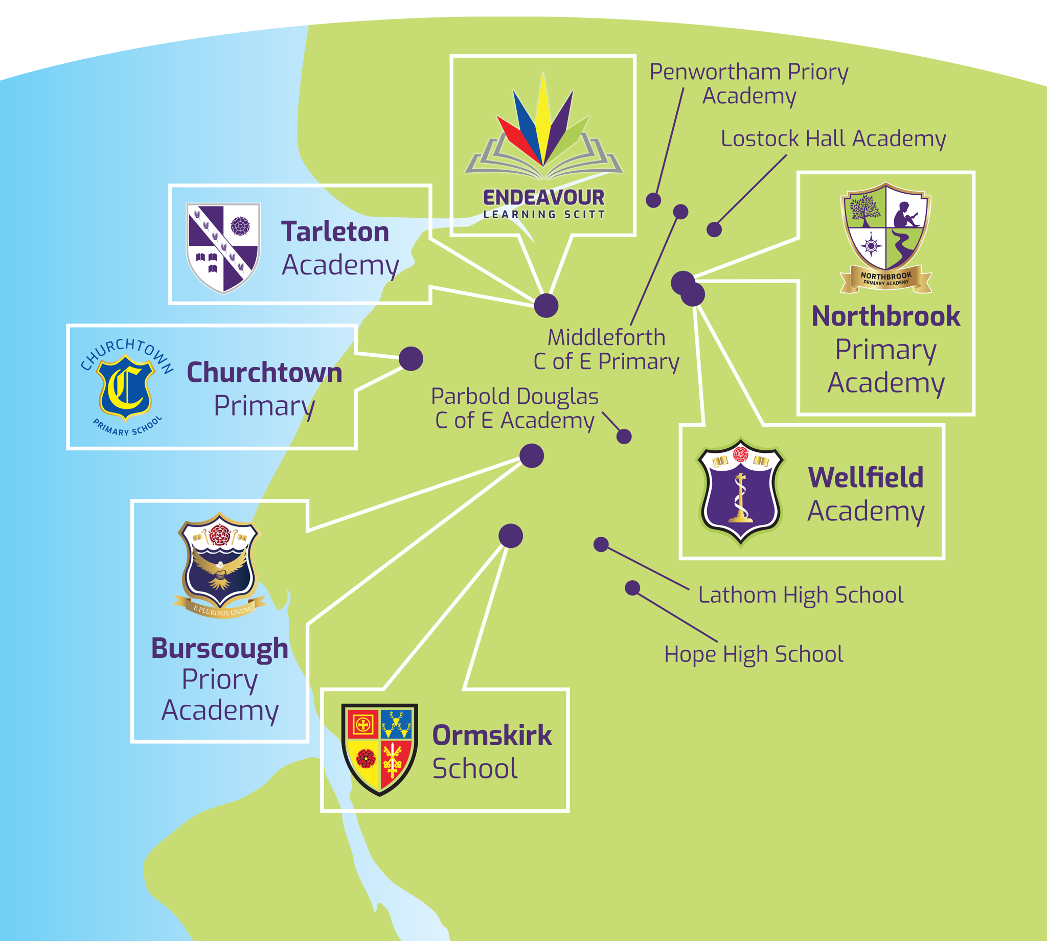 Map depicting the locations of all the partner schools within our teacher training programme.